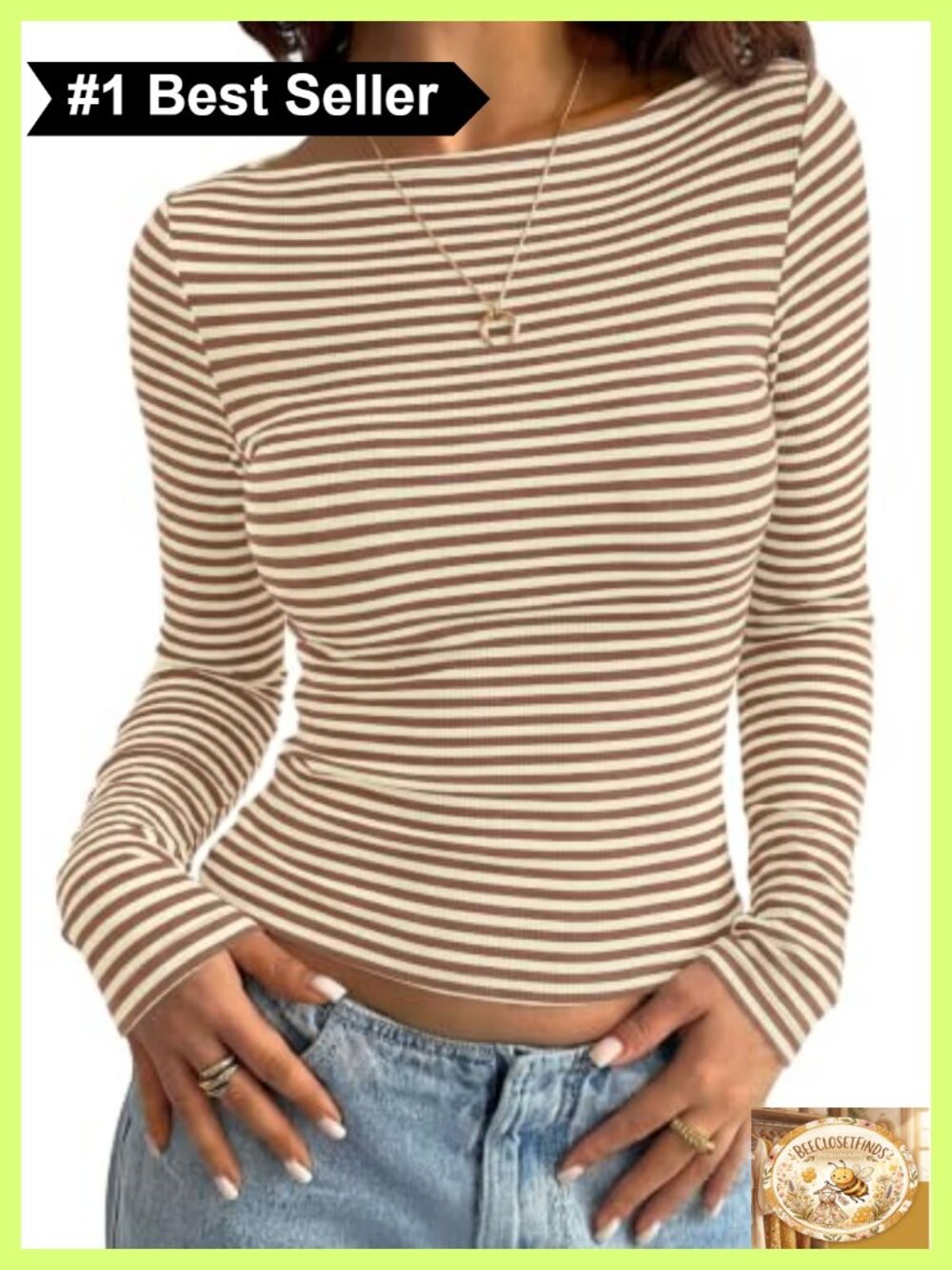 Long Sleeve Striped Ribbed Knit Boat Neck Slim Fit T-Shirt Top Women